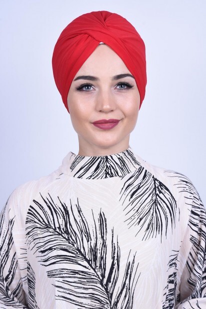 Knot style - الشال   الخارجي باللون الأحمر - Hijab