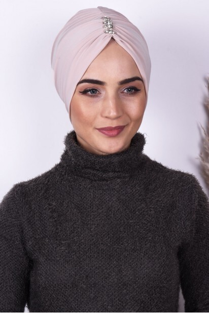 Evening Model - بونيه مطوي بأحجار بيج - Hijab