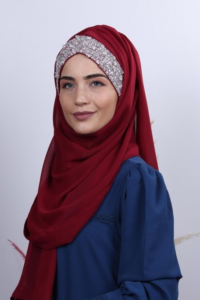 Stone Design Bonnet Shawl Claret Red