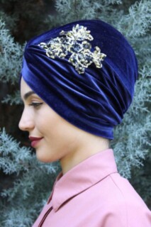 Velvet Sequined Vera Bonnet Navy Blue - 100285060 - 