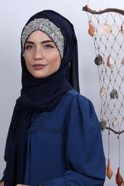 Stone Design Bonnet Shawl Navy Blue