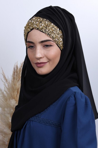 Stone Design Bonnet Châle Noir Or Pierre - 