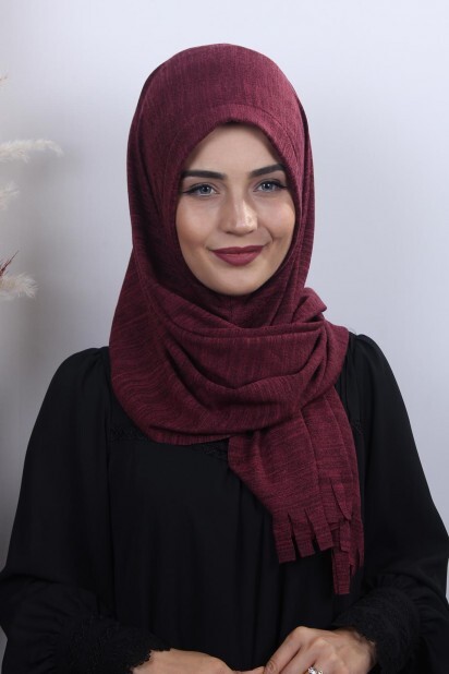 Knitted Shawl - Knitwear Practical Hijab Shawl Claret Red - 100282925 - Hijab