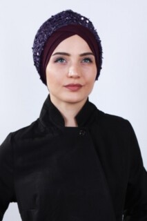 Double Side Bonnet - شال  رايات مزين بالترتر أرجواني - Hijab