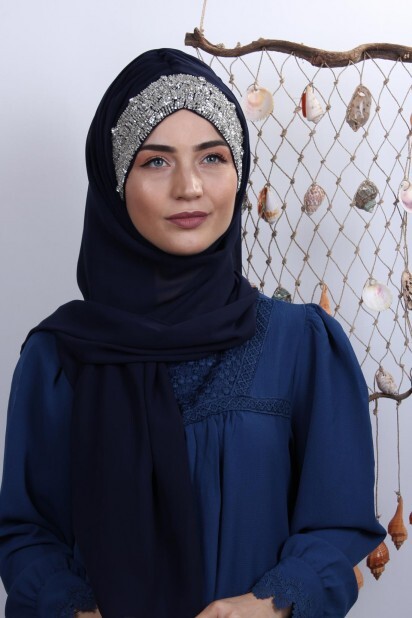 Stone Design Bonnet Shawl Navy Blue