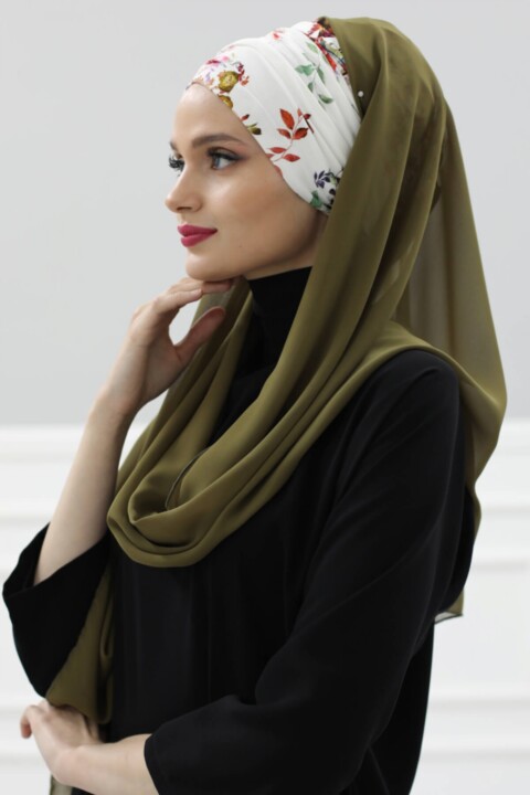 Multicolor Shawl for Women With Bonnet Modesty Turban Cap Head Wrap Sunday Morning-Army Green 100288593